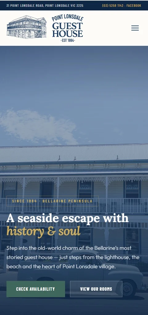 Point Lonsdale Guest House site on mobile
